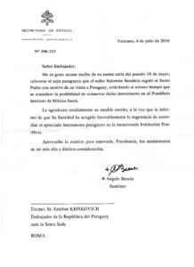Nota Secretaria Estado SSede sobre Arpa Paraguaya Embajada Paraguay Santa Sede